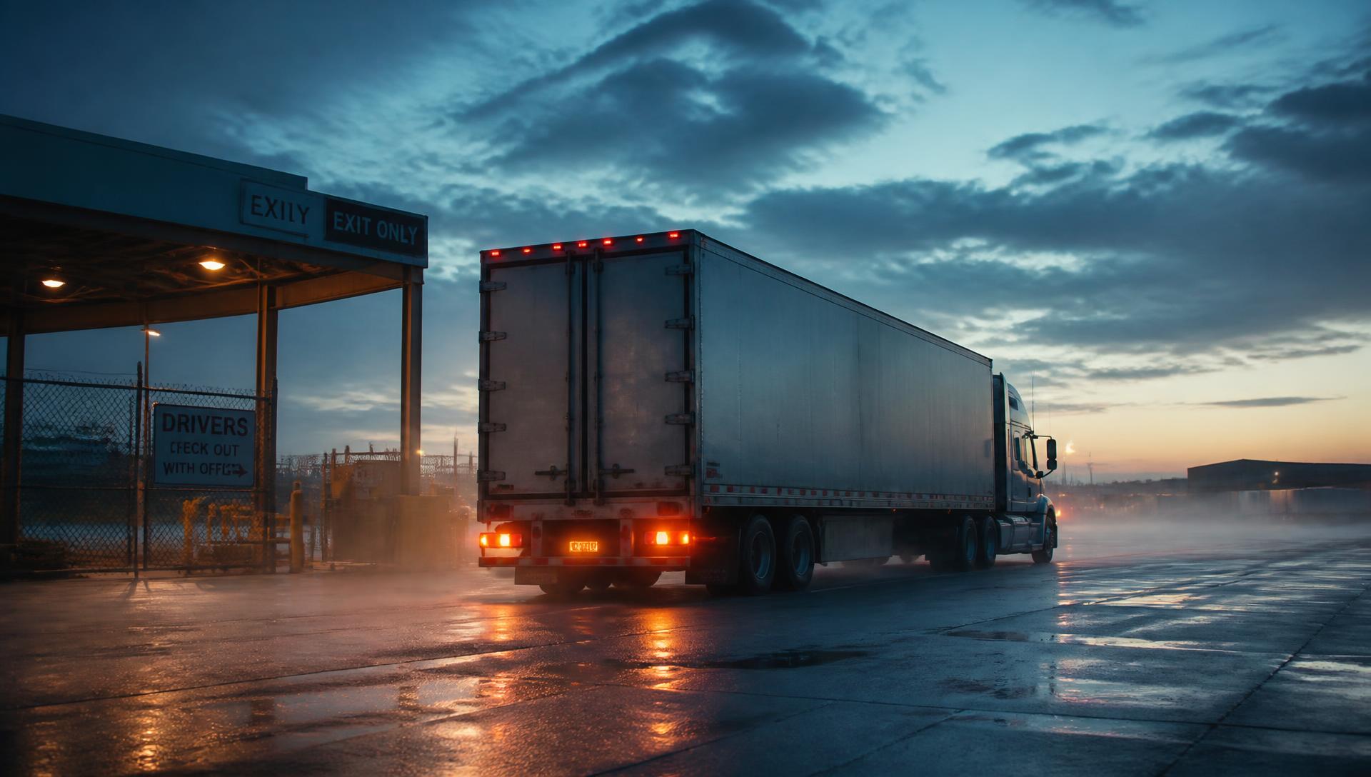 Loaded dry van trailer leaving a freight terminal at dawn