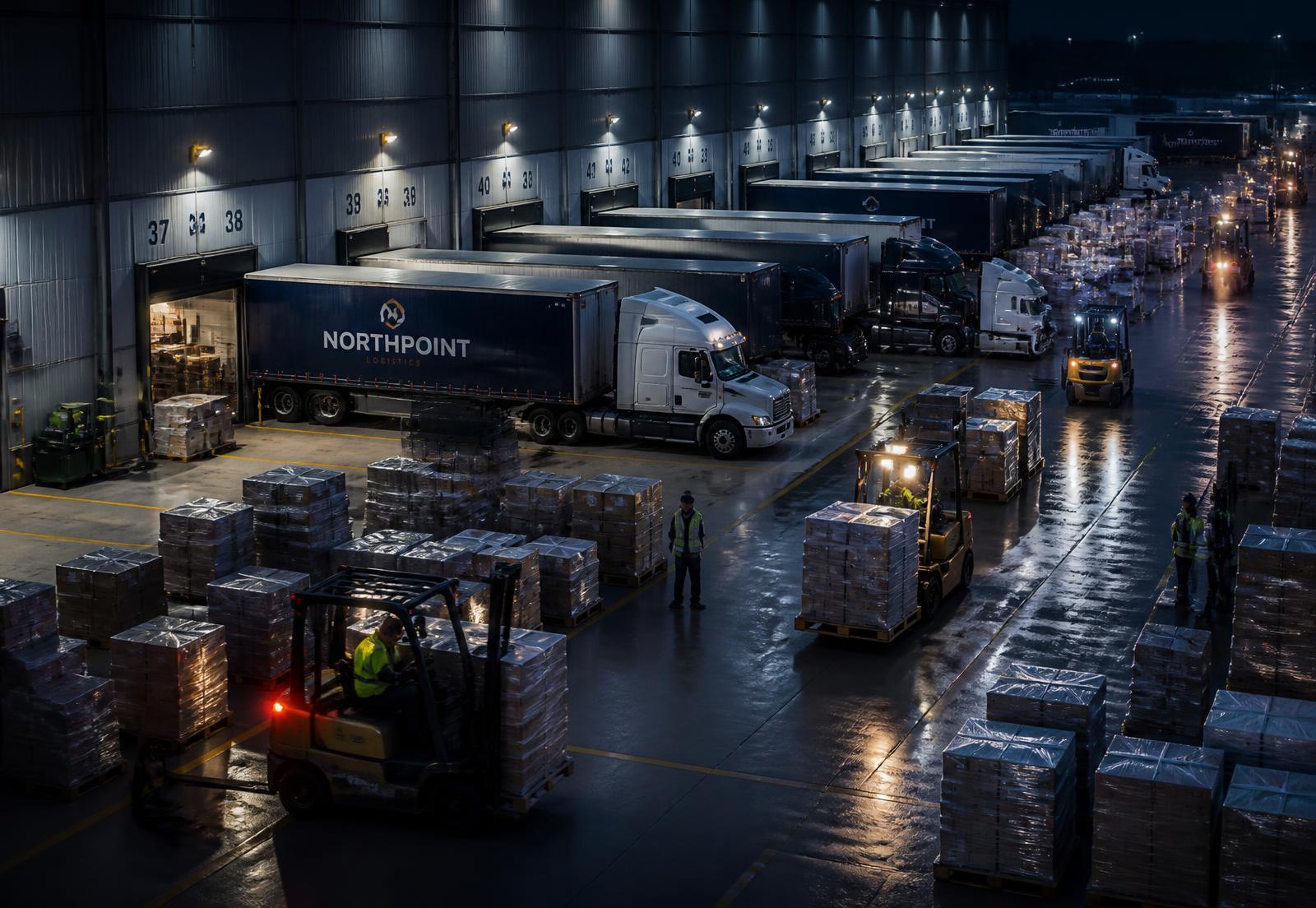 Trailers backed into a distribution warehouse dock at night